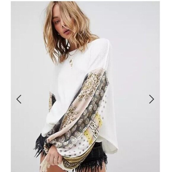 Free People Thermal Blossom Sweater with‎ Paisley sleeves sz S OVERSIZED - Picture 1 of 16